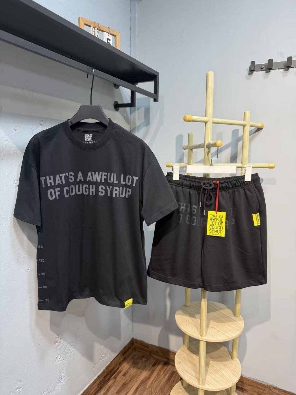 THAT'S A AWFUL LOT OF COUGH SYRUP Tonal Distressed T-Shirt & Shorts Set