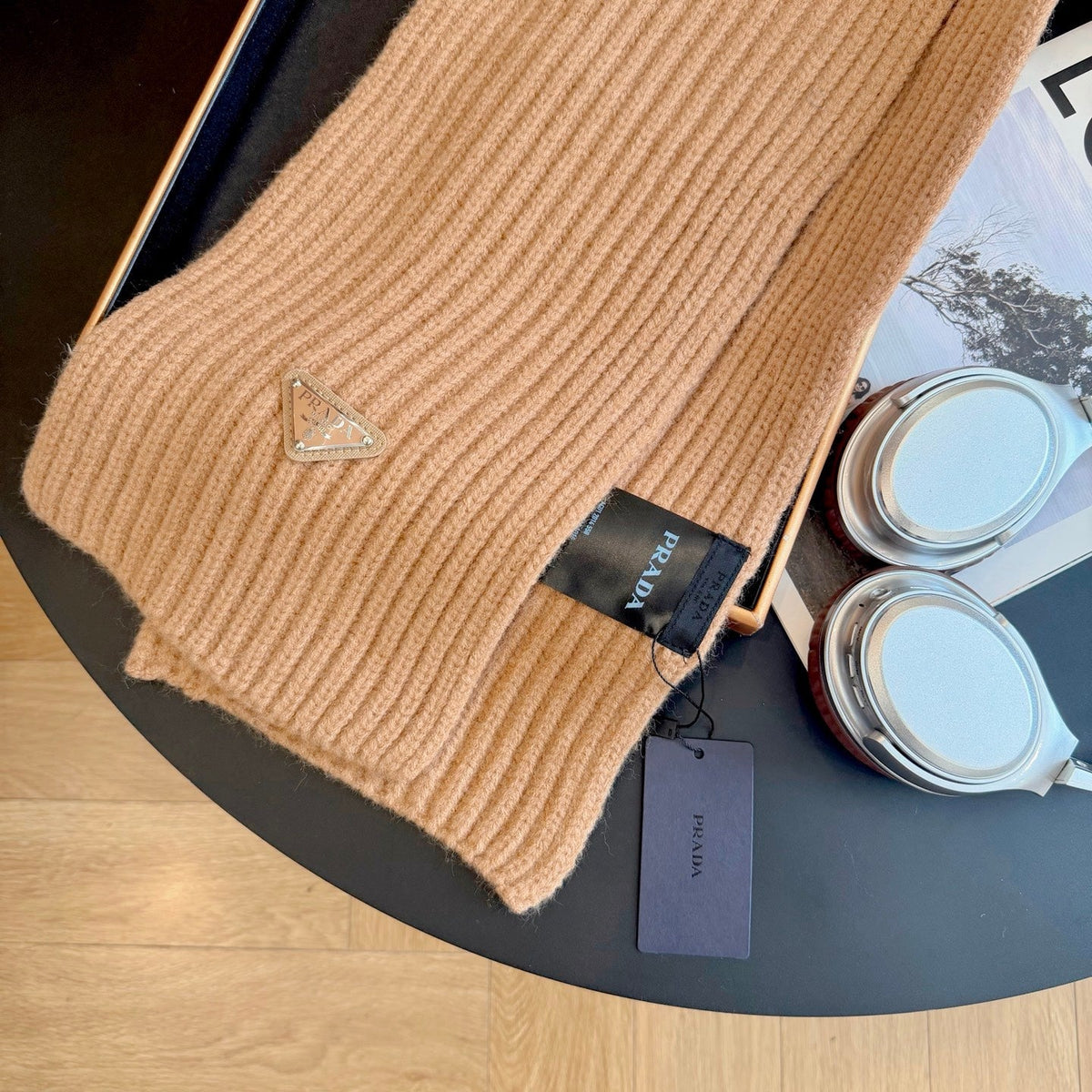 Prada Style Rib-Knit Logo Scarf