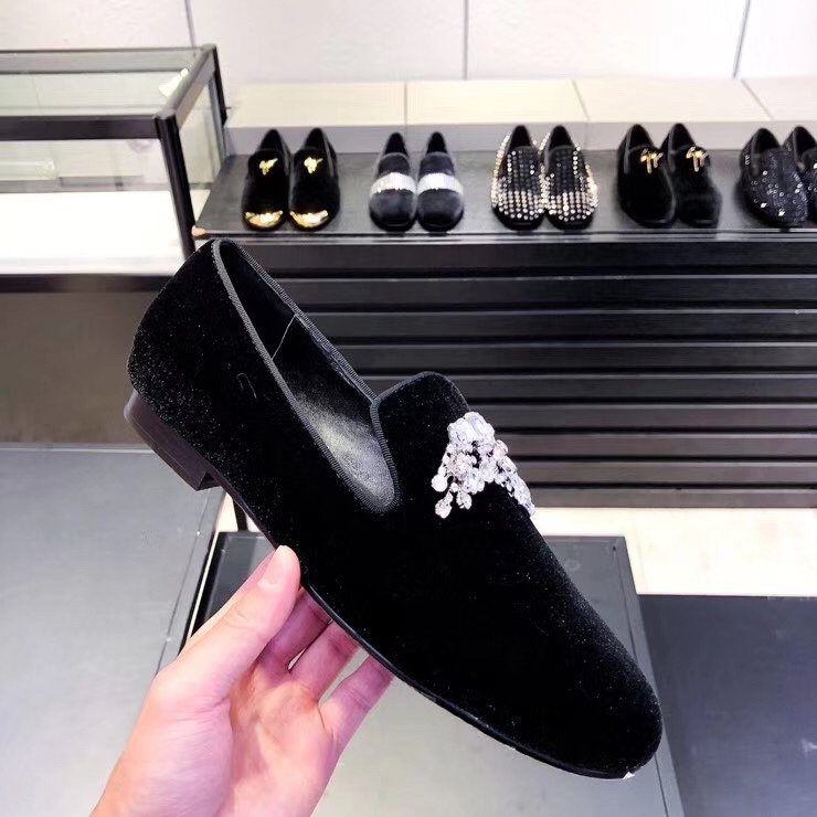 Giuseppe Zanotti Black Crystal Velvet Slip-On Shoes